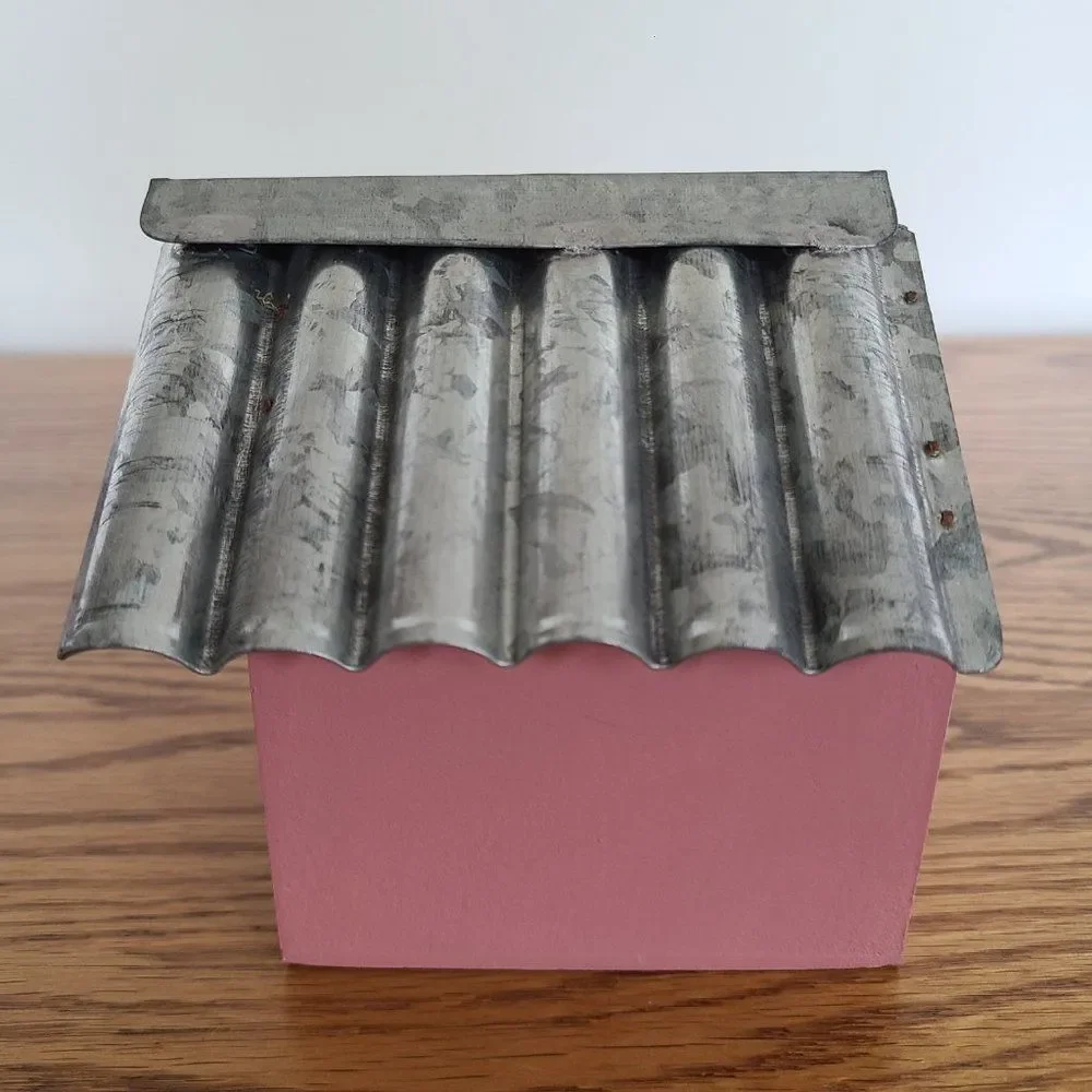 Vintage Handmade Corrugated Metal Roof And Wooden Birdhouse Mauve Tabletop Decor